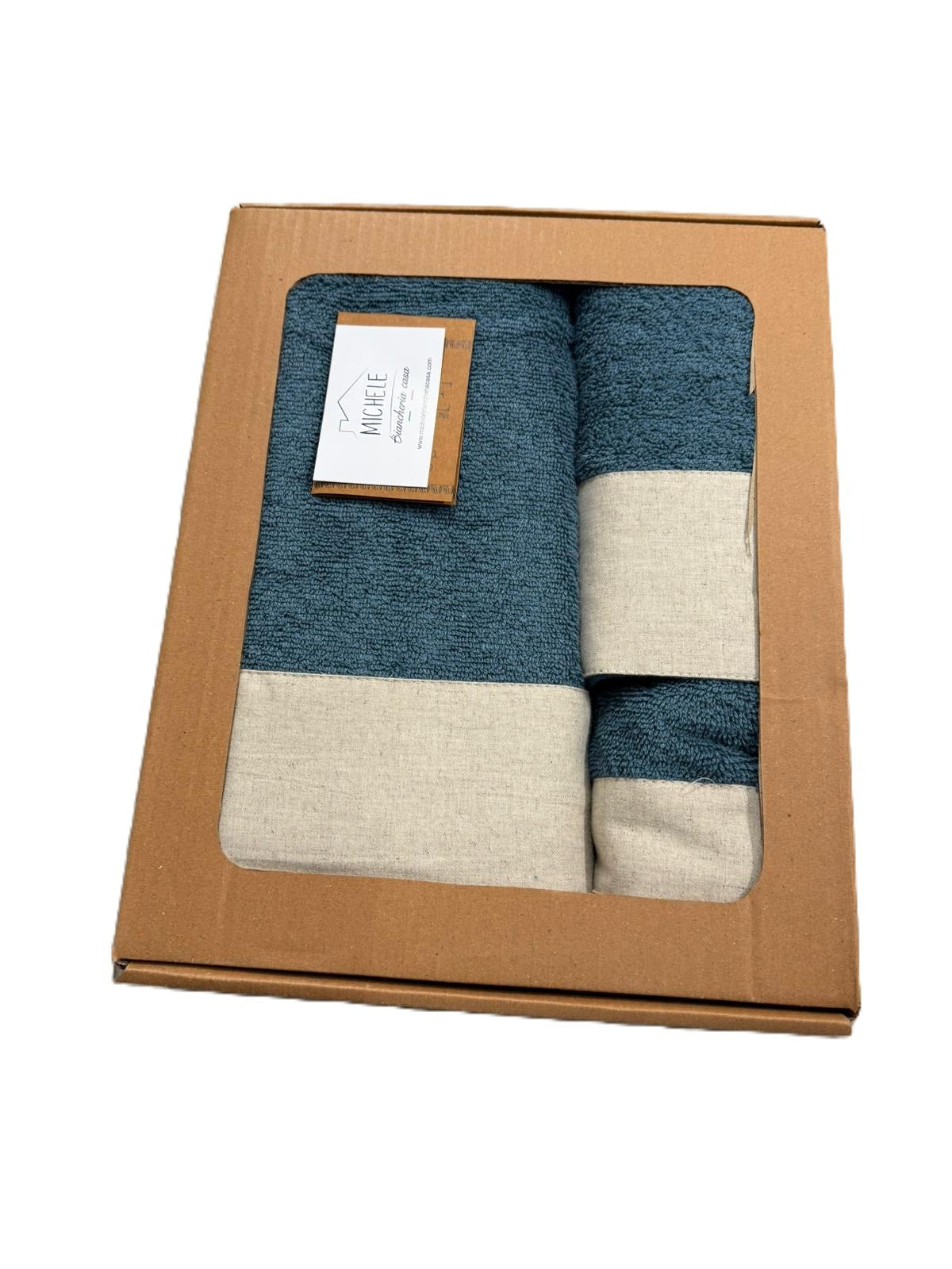 Set 3 Asciugamani Viso + Ospite + Telo Bagno in Spugna 500g con Balza in Lino – 100% Cotone -Colore Blu