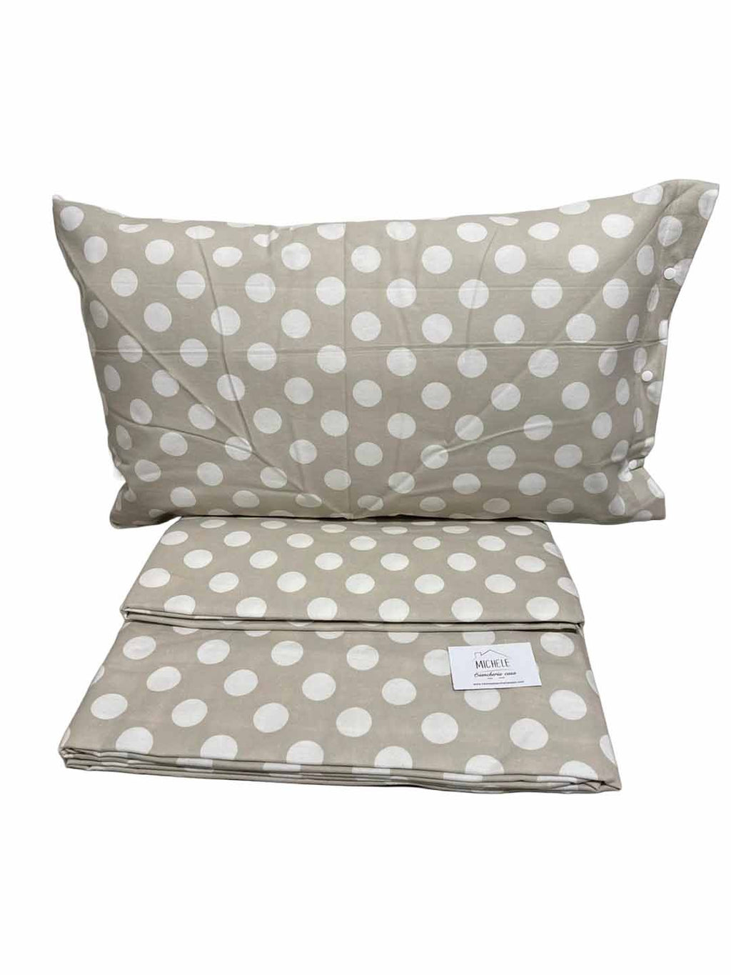 Completo Lenzuola Matrimoniali in Flanella 100% Cotone Italiano Pois Tortora – Anti Pilling | Alta Qualità