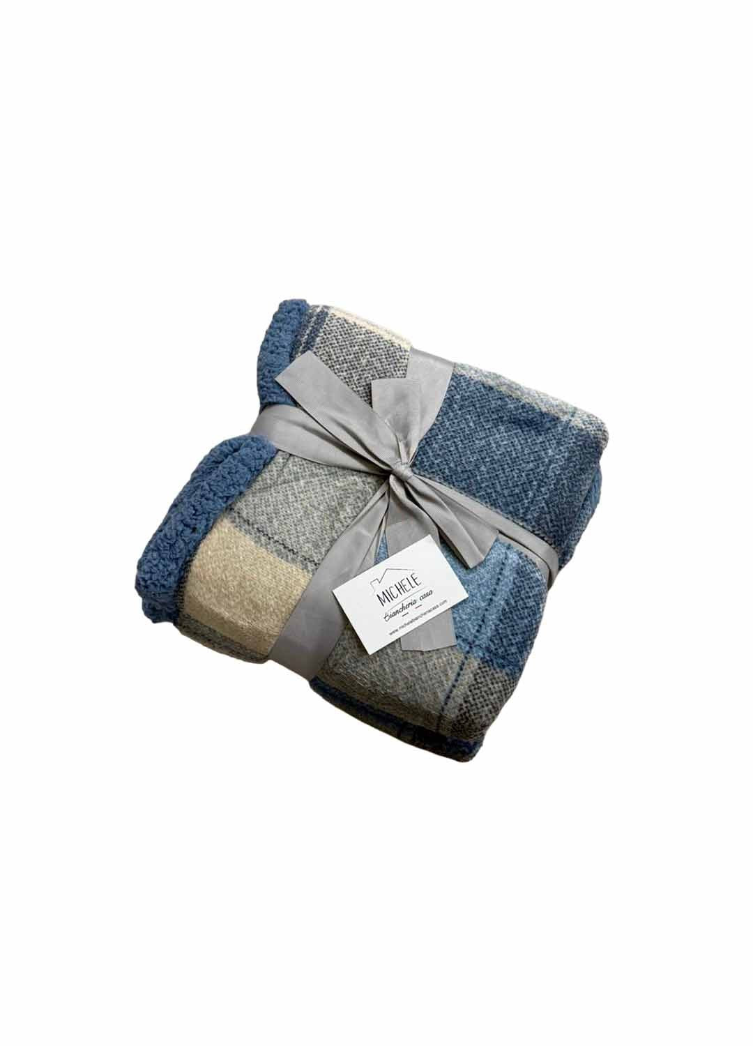 Plaid Agnellato Blue Lodge – Fantasia a Quadri Blu e Beige | Flanella e Interno Effetto Pelliccia 130×160 cm