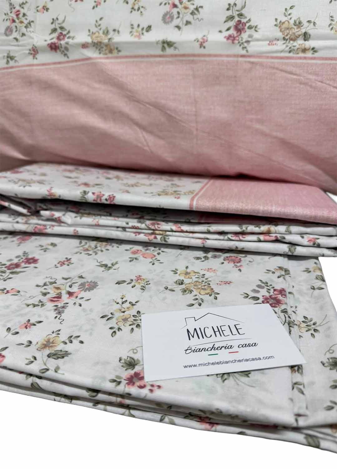 Completo Letto Matrimoniale in Cotone 100% Fantasia Roseto Cipria – Lenzuola con Angoli