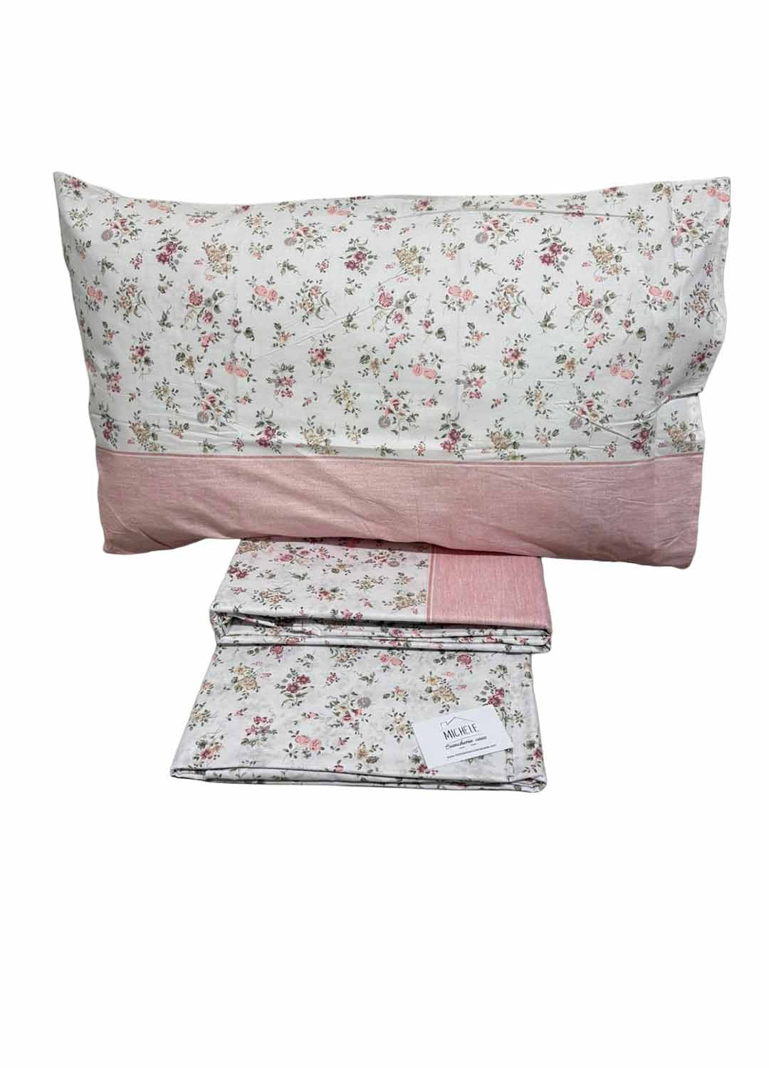 Completo Letto Matrimoniale in Cotone 100% Fantasia Roseto Cipria – Lenzuola con Angoli