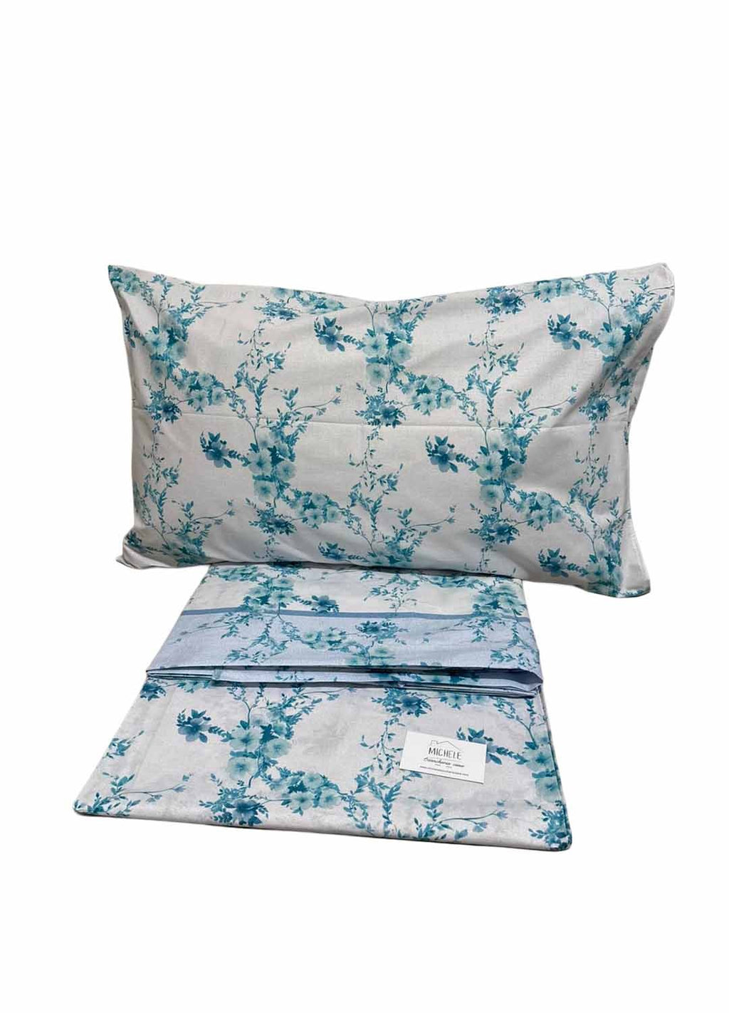 Completo Letto Matrimoniale in Cotone 100% Fantasia Fiori d’Acqua – Lenzuola con Angoli