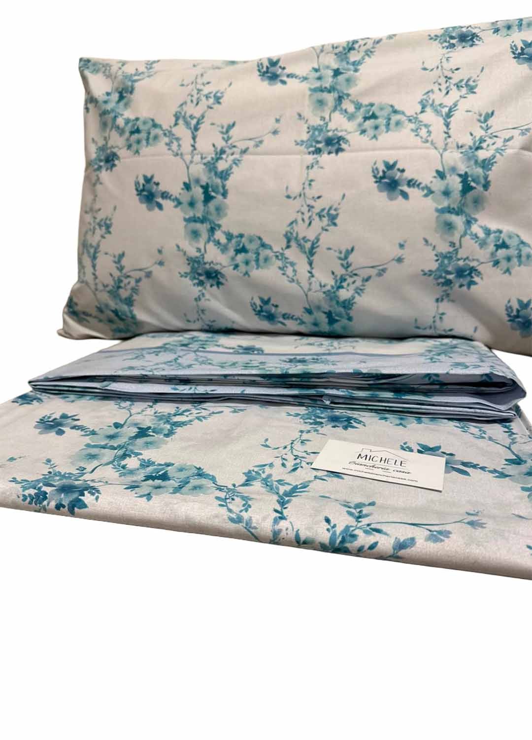Completo Letto Matrimoniale in Cotone 100% Fantasia Fiori d’Acqua – Lenzuola con Angoli
