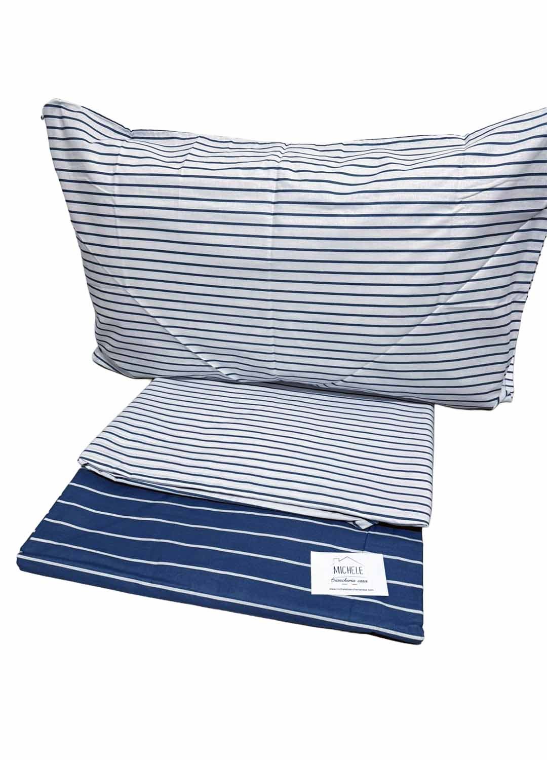 Completo Lenzuola Matrimoniale 100% Cotone – Fantasia Righe Blu – Sotto con Angoli e Federe con Patella