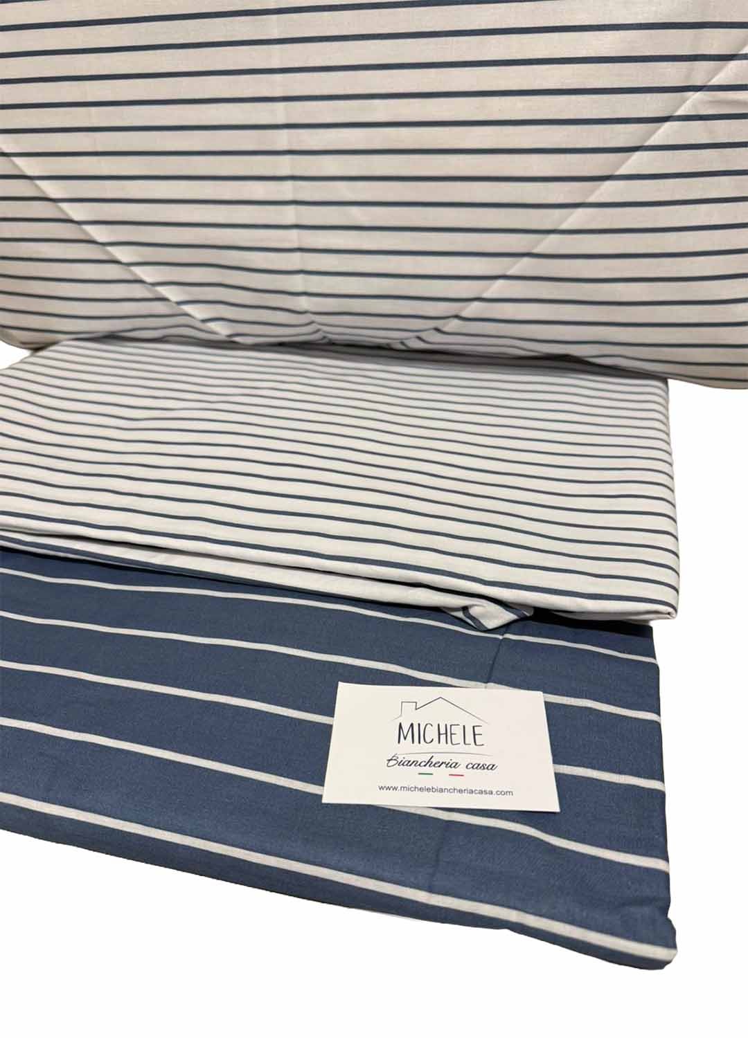 Completo Lenzuola Matrimoniale 100% Cotone – Fantasia Righe Blu – Sotto con Angoli e Federe con Patella
