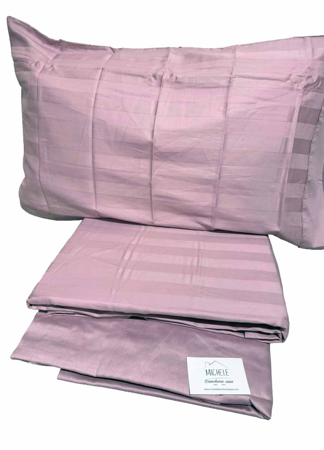 Completo Lenzuola Matrimoniale in Raso di Cotone 200 Fili – Made in Italy – Sotto con Angoli e Federe con Patella - Colore Rosa