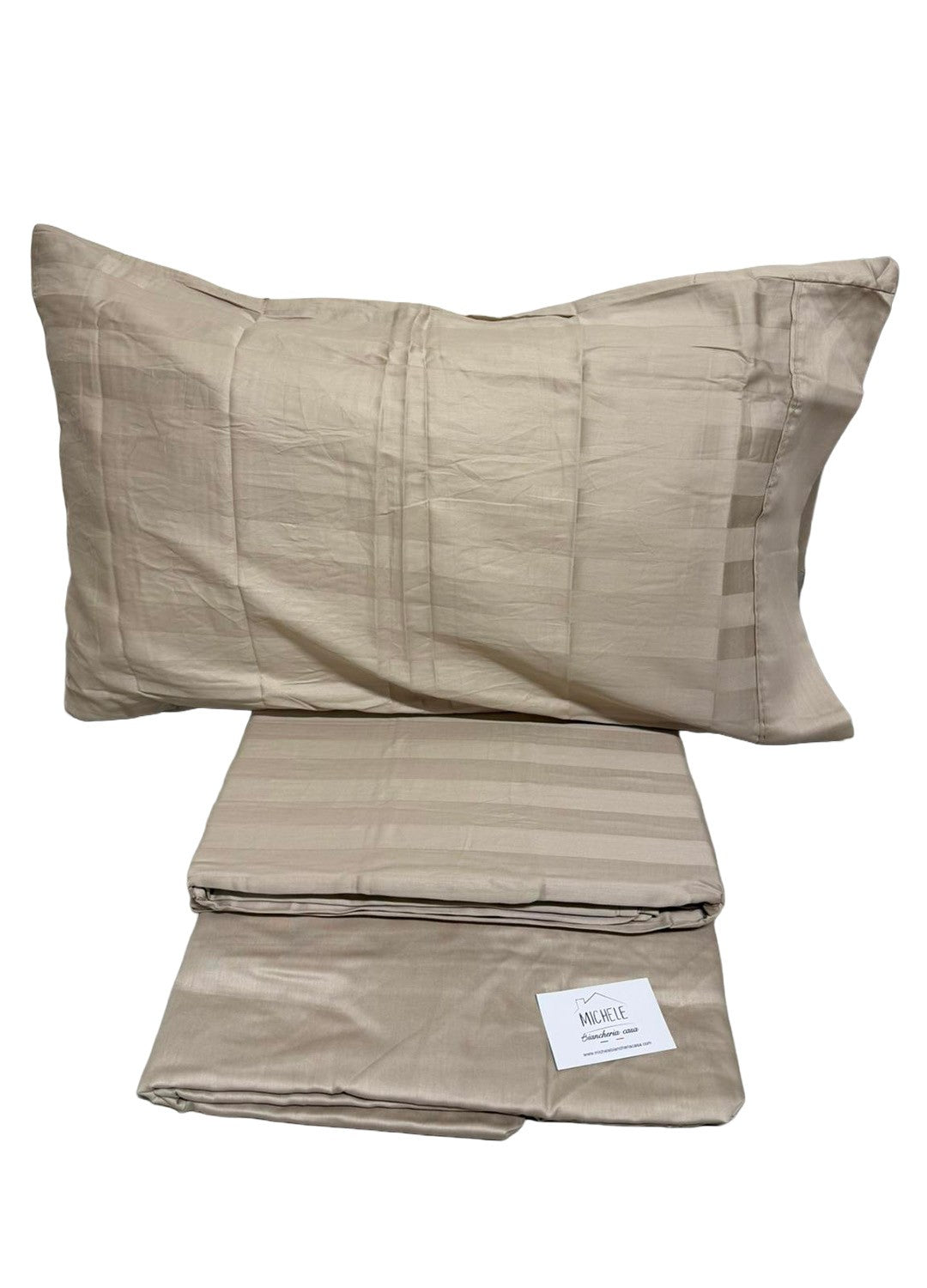 Completo Lenzuola Matrimoniale in Raso di Cotone 200 Fili – Made in Italy – Sotto con Angoli e Federe con Patella - Colore Beige