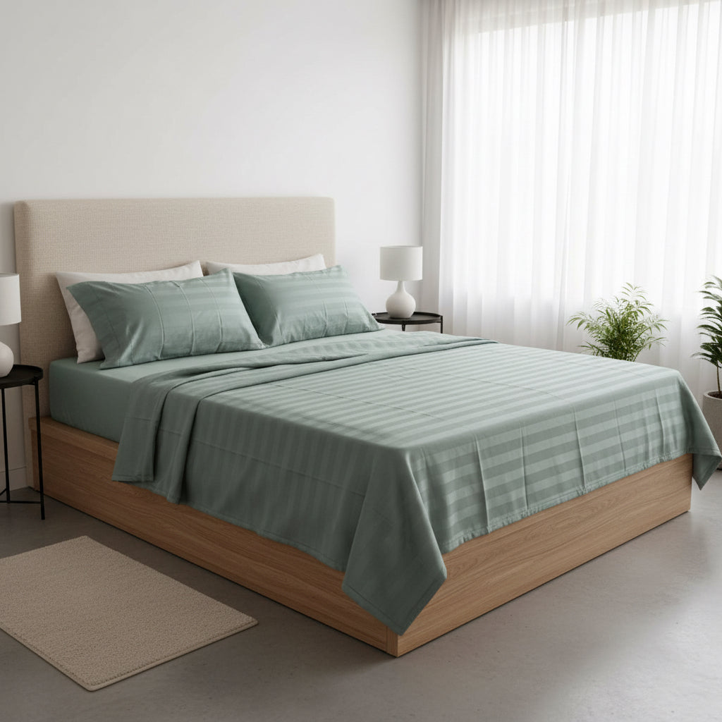 Completo Lenzuola Matrimoniale in Raso di Cotone 200 Fili – Made in Italy – Sotto con Angoli e 2 Federe  - Colore Verde