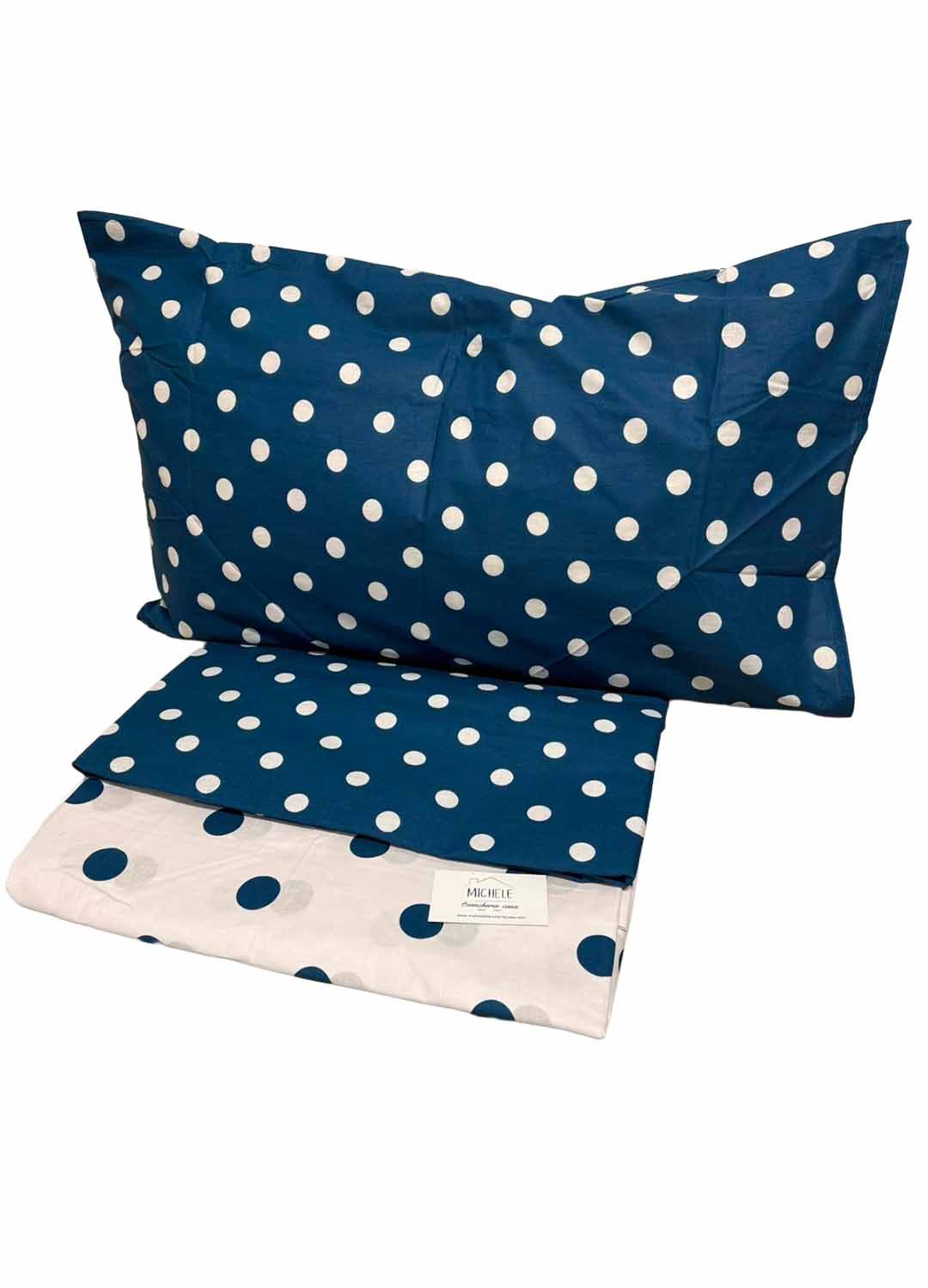 Completo Lenzuola Piazza e Mezza 100% Cotone – Fantasia Pois Blu – Con Angoli e Federa con Patella