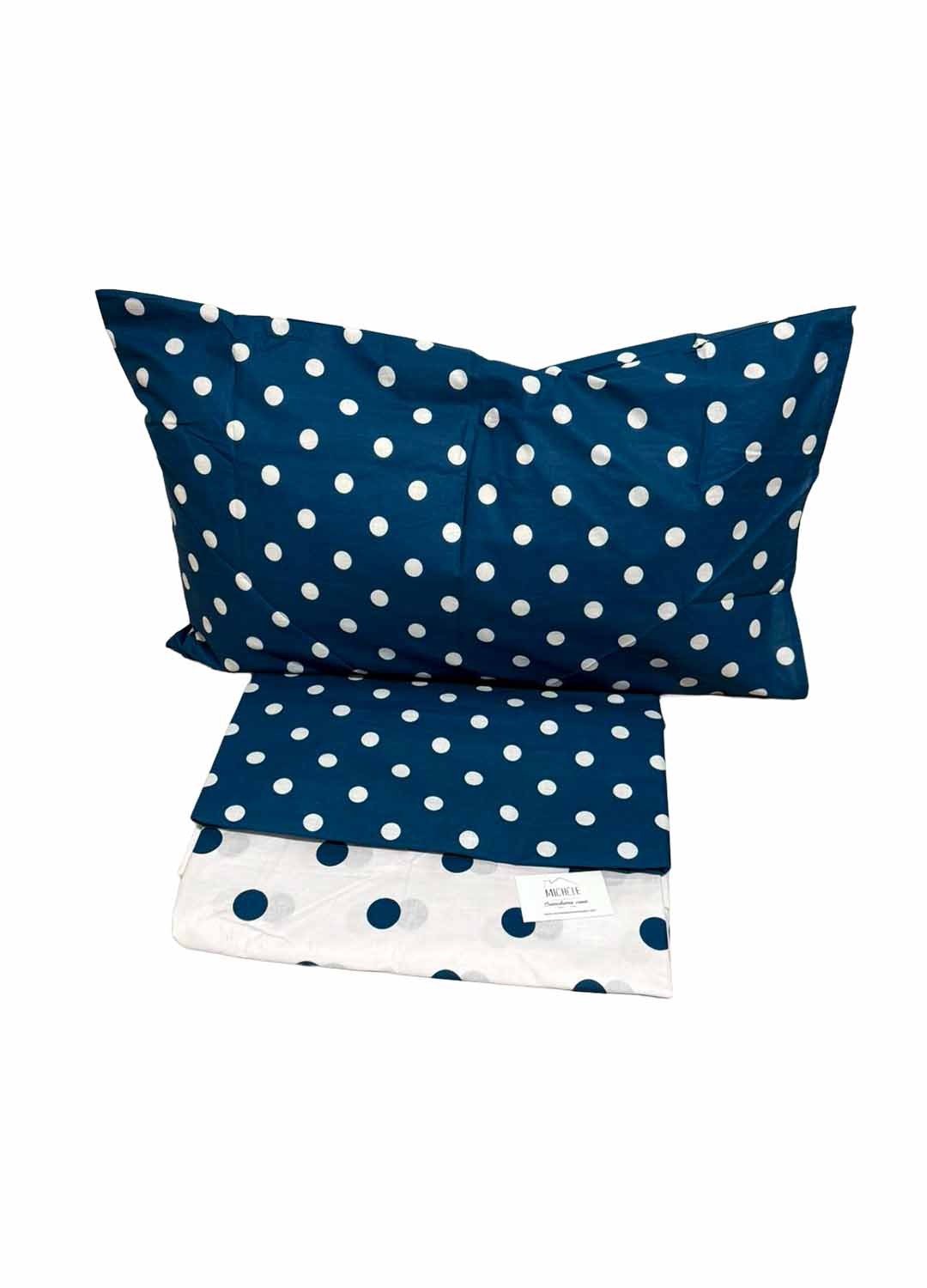 Completo Lenzuola Letto Singolo 100% Cotone – Fantasia Pois Blu – Con Angoli e Federa con Patella