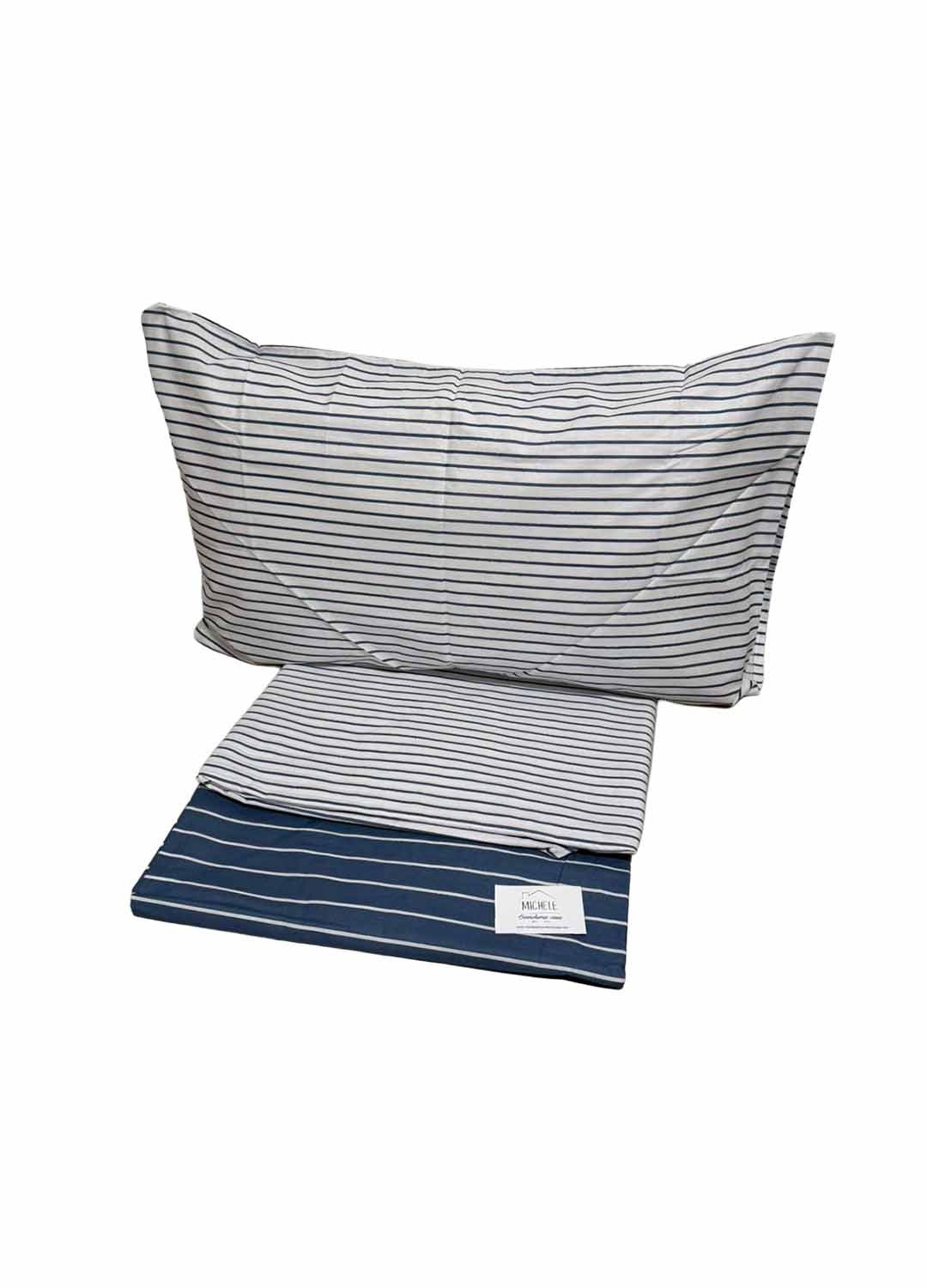 Completo Lenzuola Piazza e Mezza 100% Cotone – Fantasia Righe Blu – Sotto con Angoli e Federa con Patella