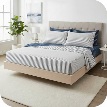 Completo Lenzuola Piazza e Mezza 100% Cotone – Fantasia Righe Blu – Sotto con Angoli e Federa con Patella