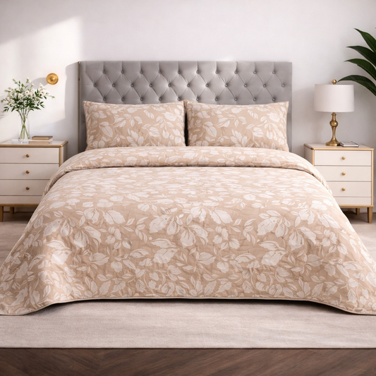 Completo Letto Matrimoniale in Cotone 100% Sand Bloom – Lenzuola Beige Floreali con Angoli