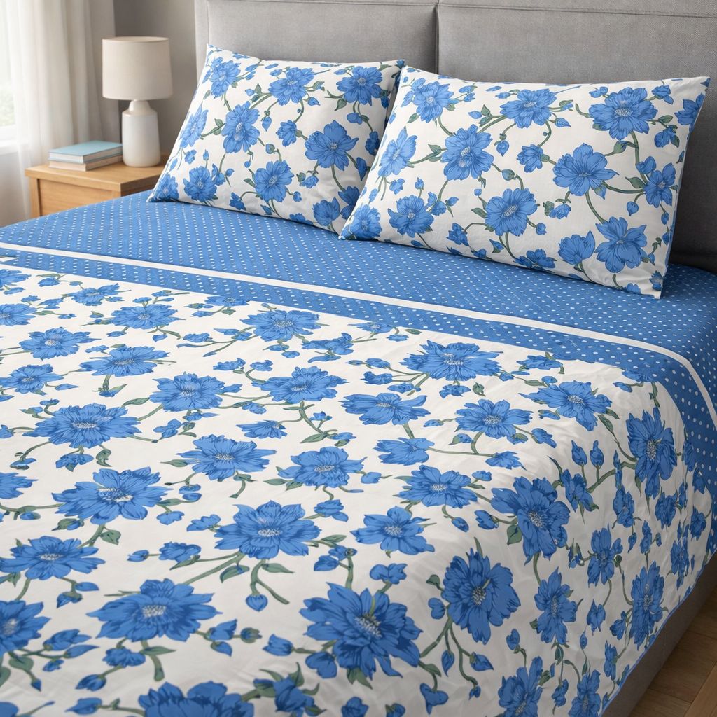 Completo Letto Matrimoniale in Cotone 100% Fantasia Fiori Blu Elegance – Lenzuola con Angoli