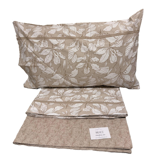 Completo Letto Matrimoniale in Cotone 100% Sand Bloom – Lenzuola Beige Floreali con Angoli