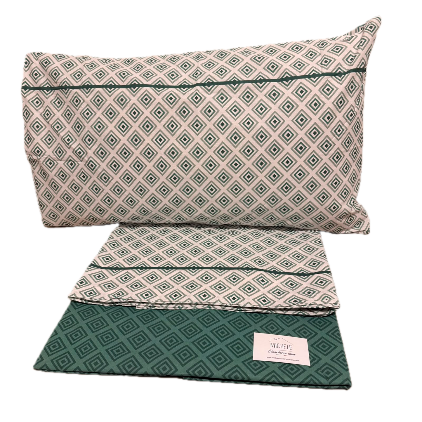 Completo Lenzuola Matrimoniale 100% Cotone Fantasia Geometrica Verde