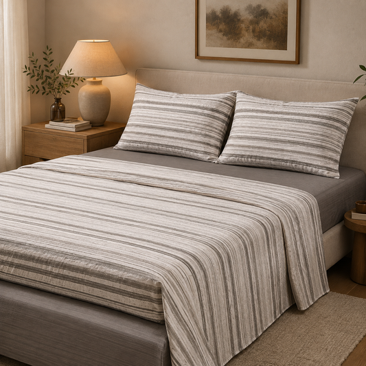 Completo Lenzuola Matrimoniale 100% Cotone Fantasia a Righe Tortora