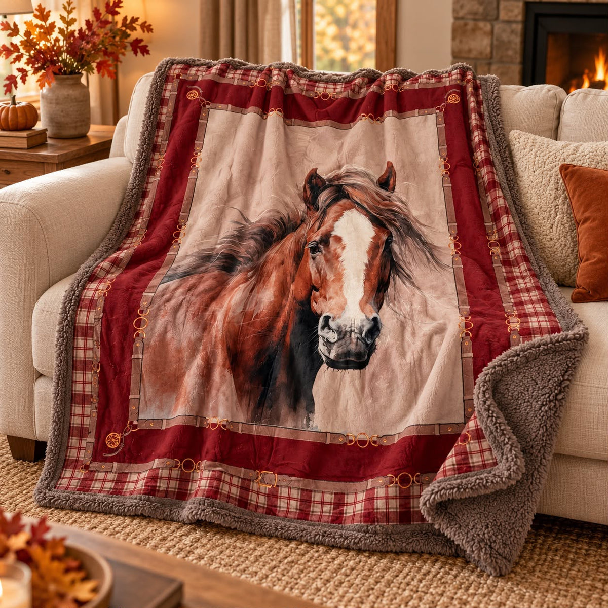 Plaid Cavallo 130x160 cm con Stampa Digitale in Flanella Calda e Interno Agnellato