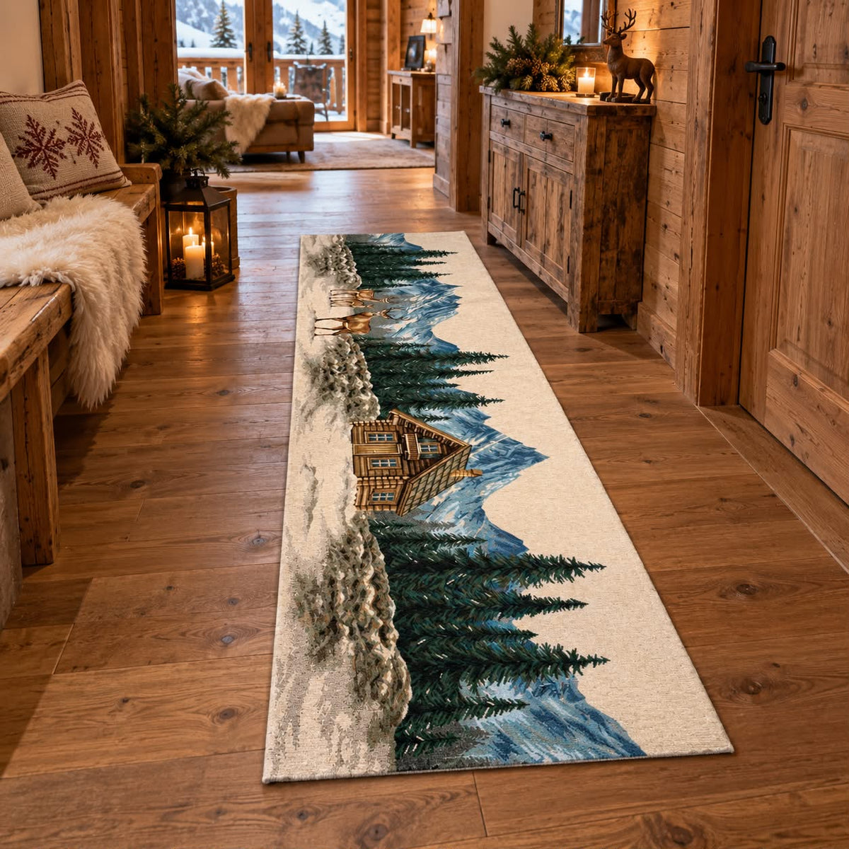 Tappeto Passatoia in Ciniglia 57x190 cm Antiscivolo – Fantasia Chalet d’Inverno