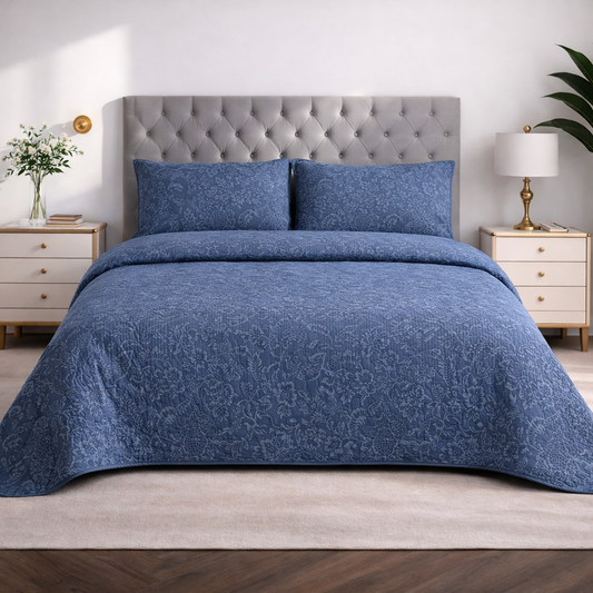 Trapuntino Matrimoniale 250x250 cm Blue Lace in Microfibra – Copriletto Elegante Effetto Pizzo