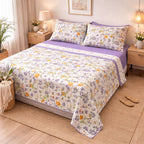 Completo Lenzuola Matrimoniale 100% Cotone – Fantasia Floreale Viola & Giallo