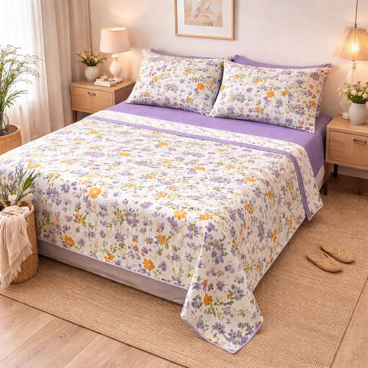 Completo Lenzuola Matrimoniale 100% Cotone – Fantasia Floreale Viola & Giallo