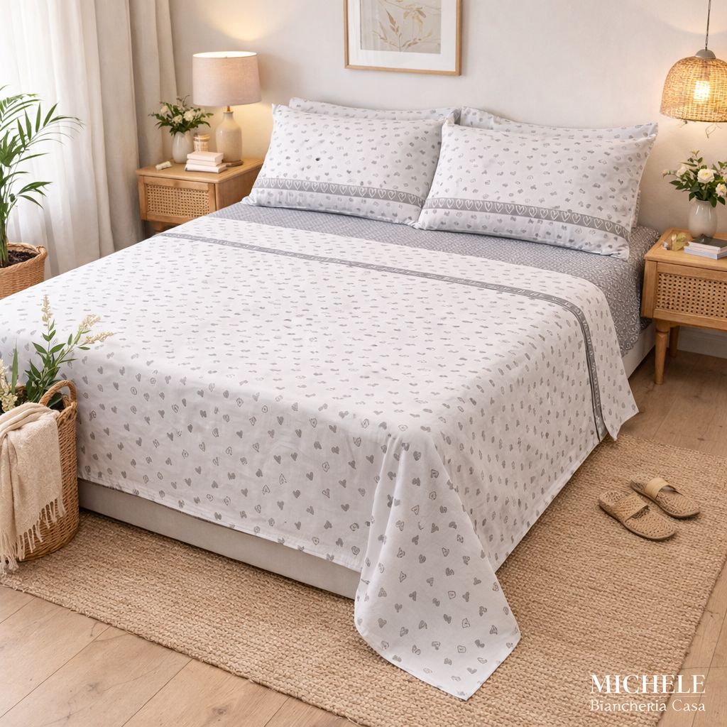 Completo Lenzuola Matrimoniale 100% Cotone – Fantasia Sweet-Love, Stile Romantico