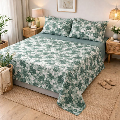 Completo Lenzuola Matrimoniale 100% Cotone – Fantasia Foglie Verdi Stile Botanico