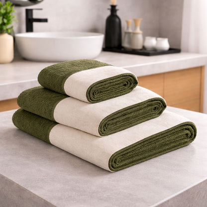 Set 3 Asciugamani Viso + Ospite + Telo Bagno in Spugna 500g con Balza in Lino – 100% Cotone -Colore Verde Scuro