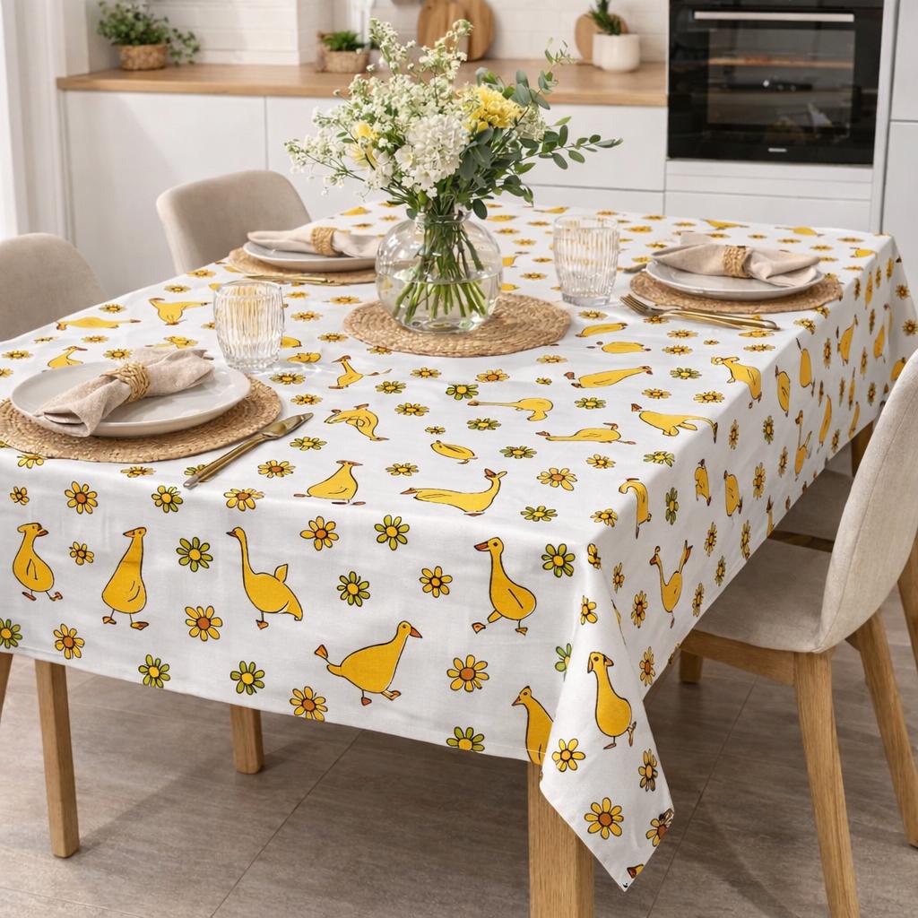 Tovaglia in 100% cotone, fantasia con Paperette Gialle - Disponibile per 6 o 8-12 persone