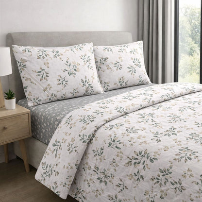 Completo Letto Matrimoniale in Cotone 100% Fantasia Rami d’Eucalipto – Lenzuola con Angoli