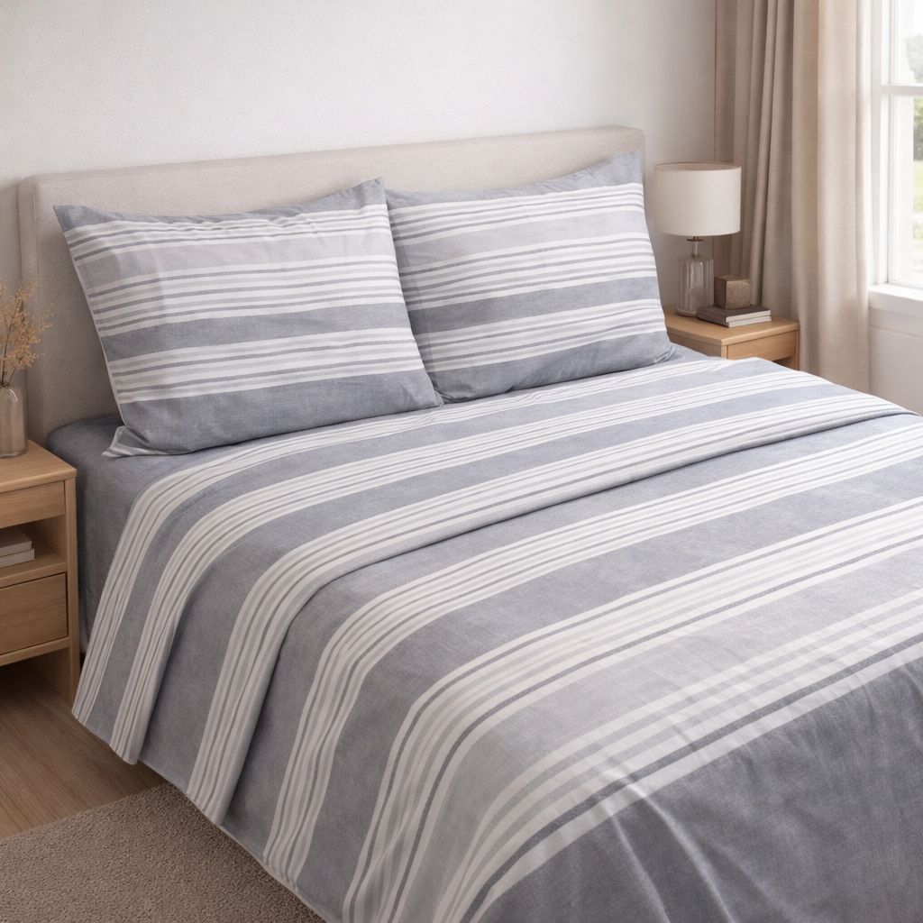 Completo Letto Matrimoniale in Cotone 100% Fantasia Righe Urbane – Lenzuola con Angoli