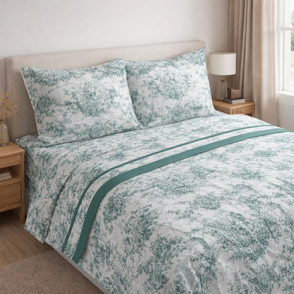 Completo Letto Matrimoniale in Cotone 100% Fantasia Toile Salvia – Lenzuola con Angoli