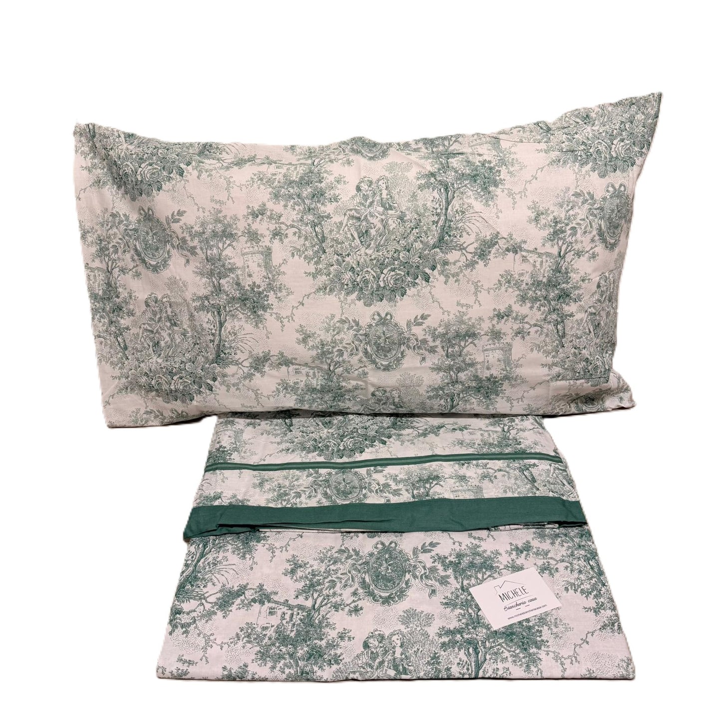 Completo Letto Matrimoniale in Cotone 100% Fantasia Toile Salvia – Lenzuola con Angoli