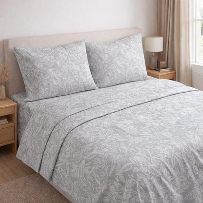 Completo Letto Matrimoniale in Cotone 100% Fantasia Foglie di Ghiaccio – Lenzuola con Angoli