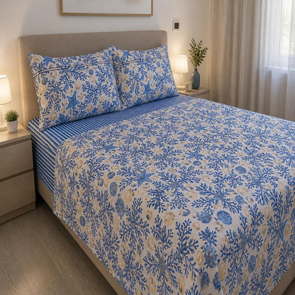Completo Lenzuola Matrimoniale Fantasia Mare Elegante Coralli e Conchiglie