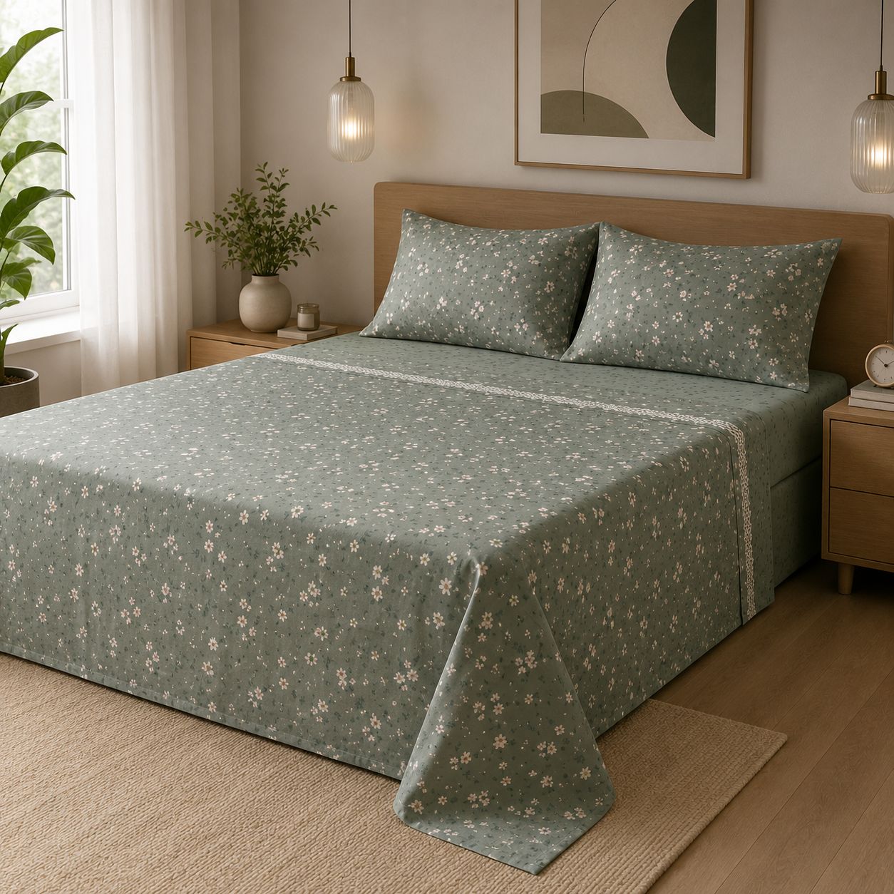 Completo Lenzuola Matrimoniale 100% Cotone Fantasia Prato Fiorito Verde Salvia – Made in Italy
