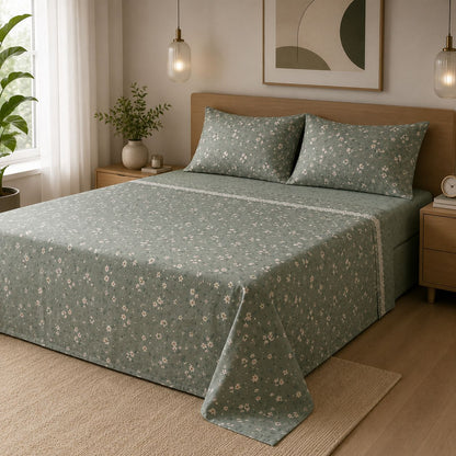 Completo Lenzuola Matrimoniale 100% Cotone Fantasia Prato Fiorito Verde Salvia – Made in Italy