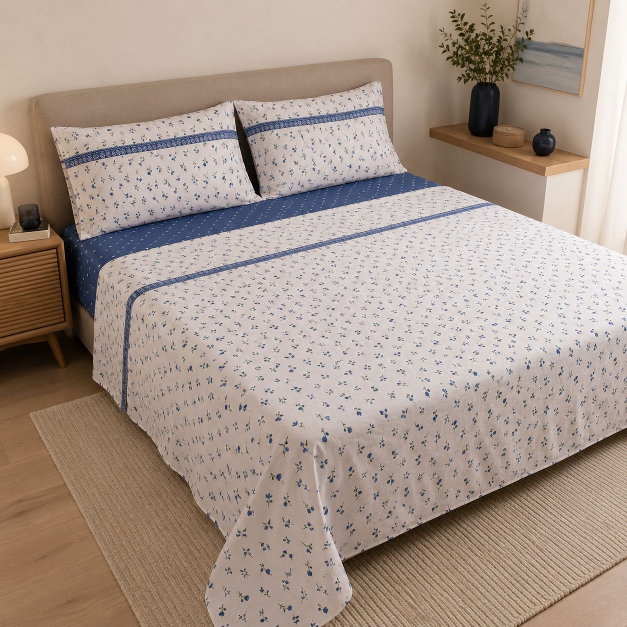 Completo Lenzuola Matrimoniale 100% Cotone Fantasia Fiordaliso Blu – Made in Italy