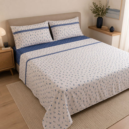 Completo Lenzuola Matrimoniale 100% Cotone Fantasia Fiordaliso Blu – Made in Italy