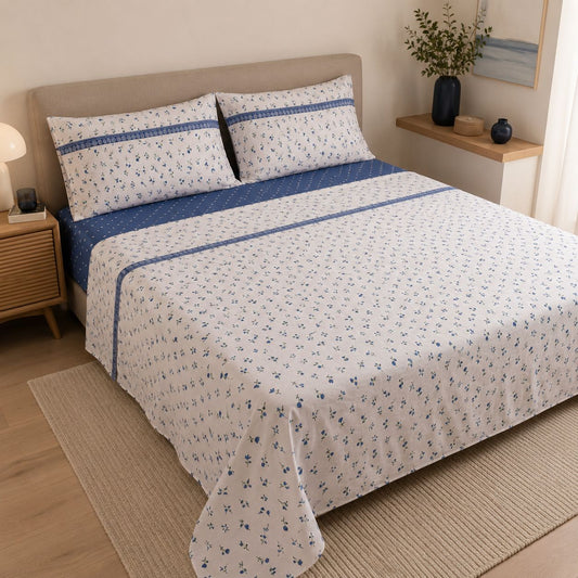 Completo Lenzuola Matrimoniale 100% Cotone Fantasia Fiordaliso Blu – Made in Italy