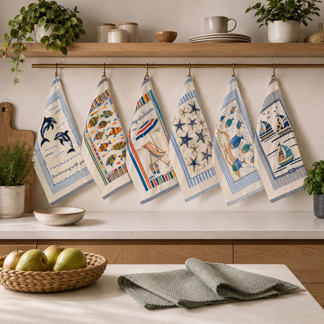 Set 6 Canovacci Cucina Spugna 100% Cotone, Tema Mare Assorbenti, Cotone 350 GSM, Varie Fantasie