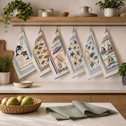 Set 6 Canovacci Cucina Spugna 100% Cotone, Tema Mare Assorbenti, Cotone 350 GSM, Varie Fantasie