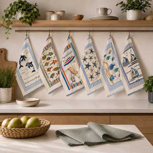 Set 6 Canovacci Cucina Spugna 100% Cotone, Tema Mare Assorbenti, Cotone 350 GSM, Varie Fantasie