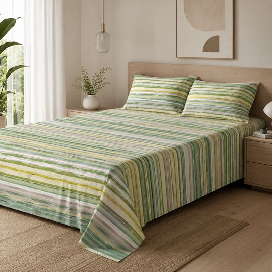 Completo Lenzuola Matrimoniale Verde Brezza in Misto Cotone Effetto Mano Seta