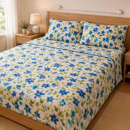 Completo Lenzuola Matrimoniale 100% Cotone Italiano Fantasia Fiori Blu – Set Letto 2 Piazze con Sotto a Pois