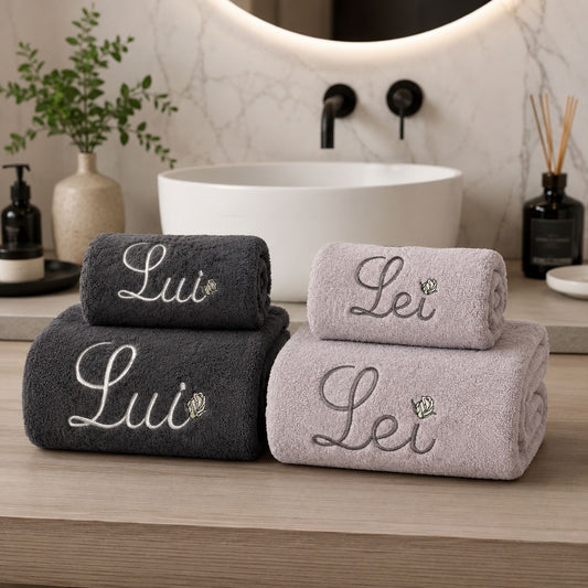 Set Asciugamani Ricamati Lui e Lei 4 Pezzi in Spugna 100% Cotone 500 g/m² Extra Qualità