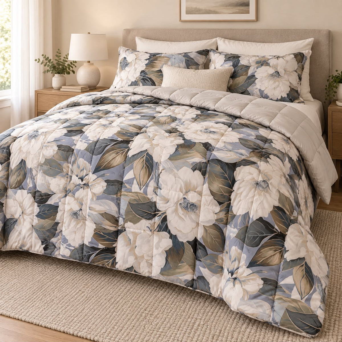 Trapunta Matrimoniale Floral Elegance 260x260 cm – Double Face in Morbida Microfibra Effetto Mano Pesca