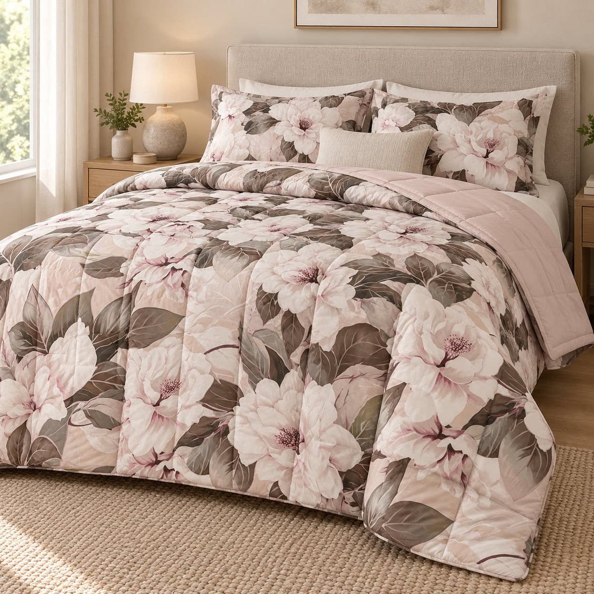 Trapunta Matrimoniale Floral Elegance 260x260 cm – Double Face in Morbida Microfibra Effetto Mano Pesca