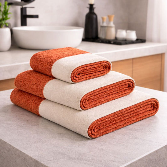Set 3 Asciugamani Viso + Ospite + Telo Bagno in Spugna 500g con Balza in Lino – 100% Cotone -Colore Arancione
